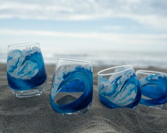 Hand Painted Wine Glasses, Surf, Gift, Red Wine, White, Wave, Beach Glasses, Tropical, Surfing, Surfboard, Cocktail, Ocean, Wave, Sea, Set
