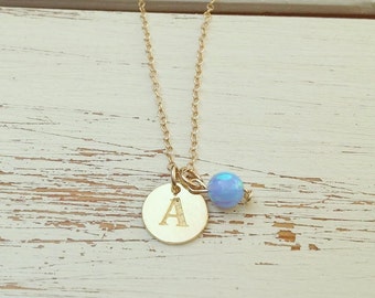 Personalized Opal Necklace,Initial Necklace,Personalized Initial Necklace,gold disc necklace,Gold Name Necklace,valentines days gift for her