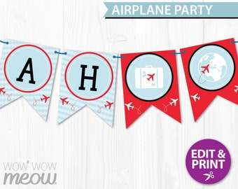 AIRPLANE Birthday Party Banner INSTANT DOWNLOAD Plane Airport Areoplane Decorations Full Printable Editable Bunting Personalise @Home Flags