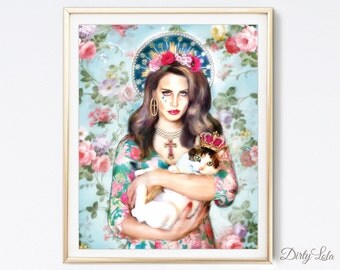 Lana Del Rey - Portrait - Illustration - Art Print - Drawing - Virgin Mary - Saint - Virgin - Cat Art