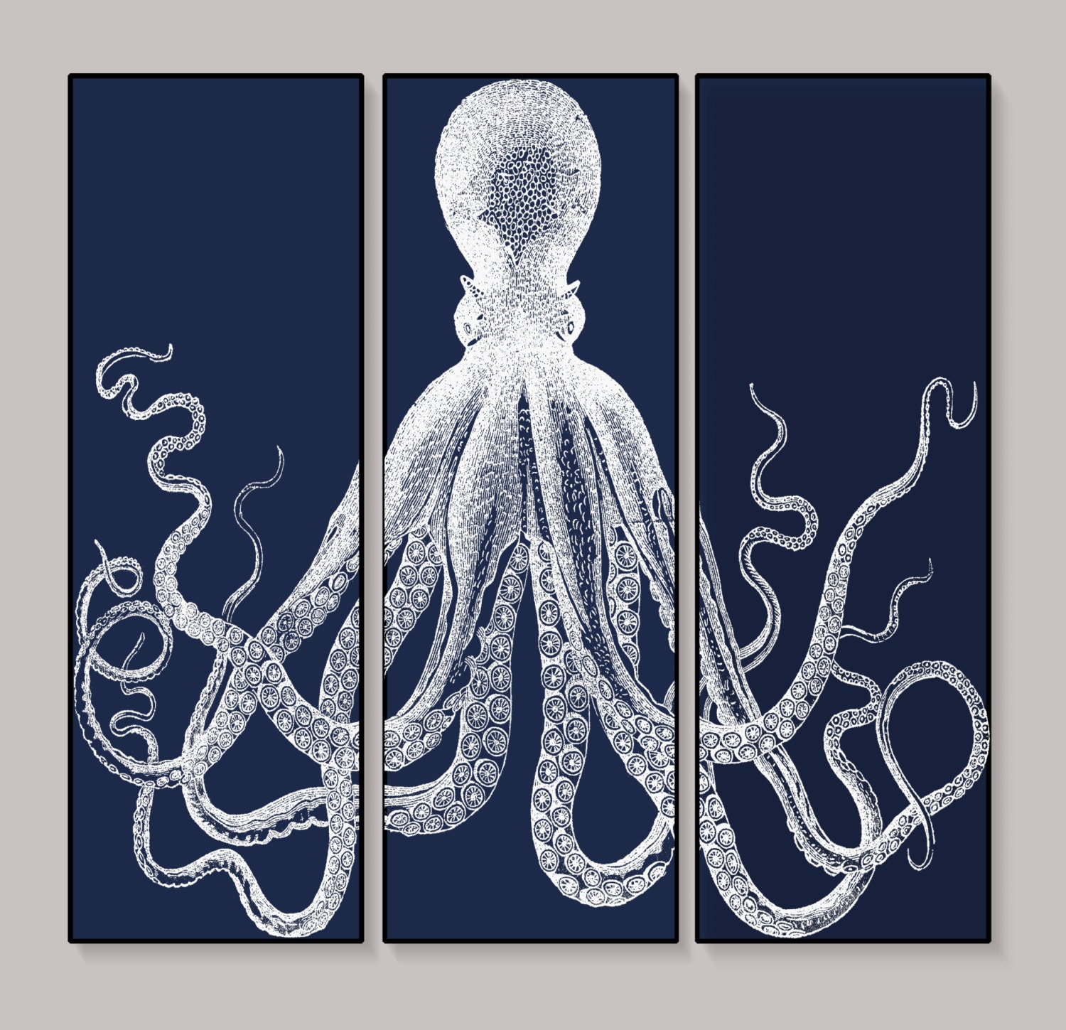 Octopus Triptych, Octopus Print Set in Navy Blue Nautical Art, Large ...