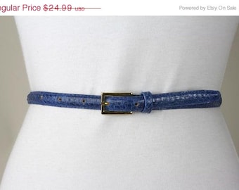 ON SALE Vintage 80s Avant Garde Blue Skinny Snakeskin Leather Belt S/M 26-30 Exc