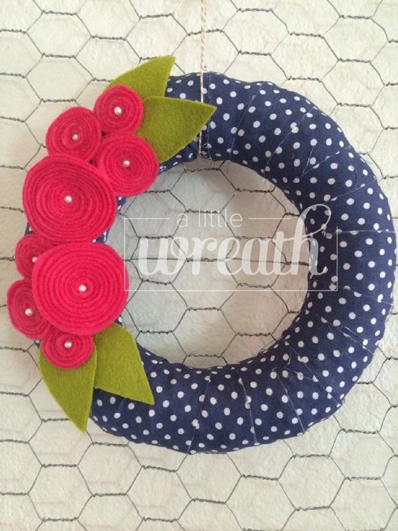 Pink & Navy Blue PolkaDot Wreath by alittlewreath on Etsy