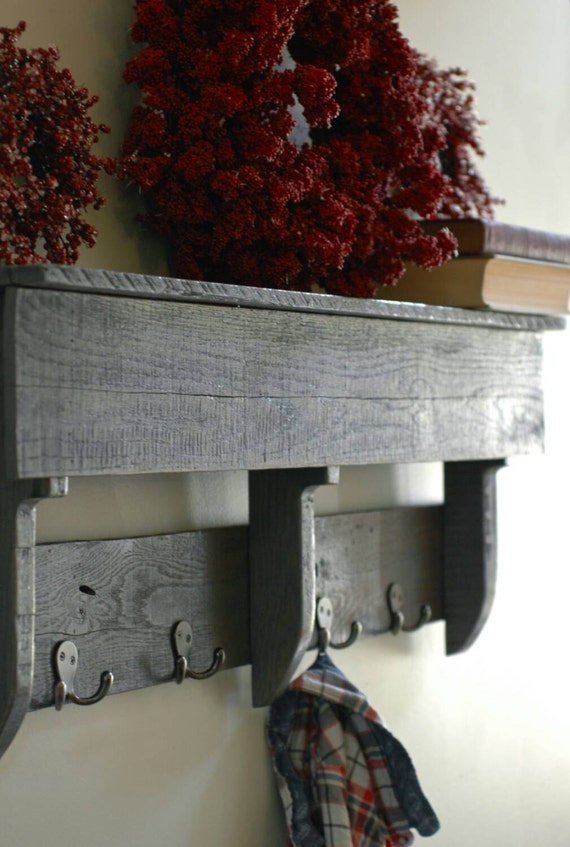 Gray Hook Shelf Rustic Gray Shelf with Hooks by TheWoodGarageLLC