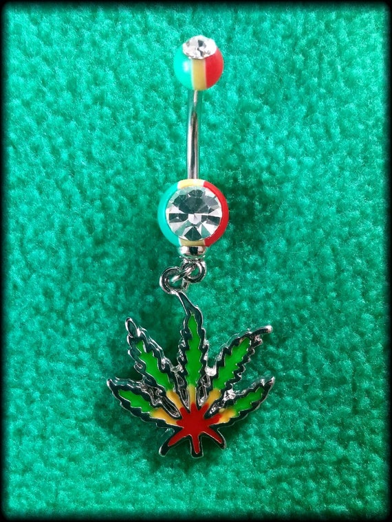 14g Rasta Weed Leaf Dangling Navel Ring Belly Bars by FamousNavel