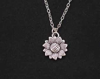 Sunflower necklace, long necklace option, silver flower charm, sister friend gift, flower girl jewelry, bridesmaids gifts,wedding bride