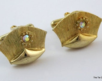 Vintage Cufflinks Unusual Shape Gold Tone Aurora Borealis AB Cuff Links