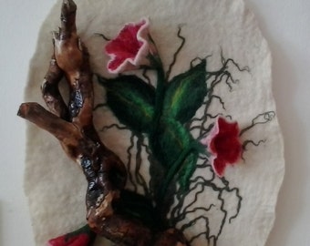 Felted picture Purple Gloxinia, Floral design, Wall mural, Wool tapestry, Textile wall hanging, Fibre ART, Felt home decor, New home gift