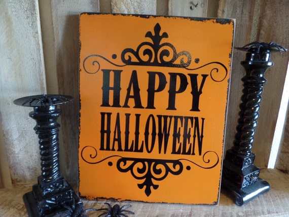 Happy Halloween Wooden Sign Orange and Black Hand Painted and