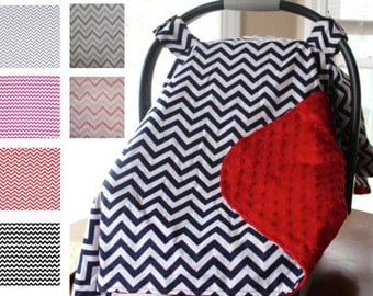 Custom Personalized Minky Carseat Canopy, Carseat Cover, Car Seat Canopy- Chevron, Red, Navy, Grey, Pink, Fuchsia, Black