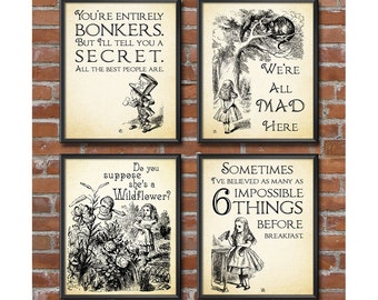 Alice in Wonderland Decorations - Mad Hatters Tea Party, Alice in Wonderland Wall Art Set of 4 Mad Hatter Quotes Wonderland Decor 0281