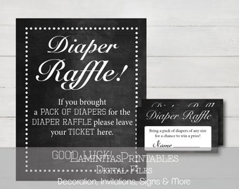 Diaper raffle, Diaper raffle ticket, Diaper raffle sign, Diaper raffle printable, Baby shower games, raffle cards, baby shower chalkboard