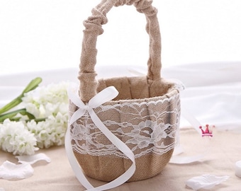 Rustic Wedding Hessian Burlap Lace Flower Girl Basket Party Favors