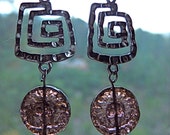 Double Spiral Sterling Silver and Czech Glass Earrings, silver-plated, lavender, lilac, purple, dangle, drop, square, round, geometric, 925 Double Spiral Sterling Silver and Czech Glass Earrings, silver-plated, lavender, lilac, purple, dangle, drop, square, round, geometric, 925