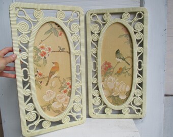 vintage boho, wall art, sixties, seventies, bird prints, vintage bird art, molded plastic frames, shabby chic, bohemian, indie, flowers