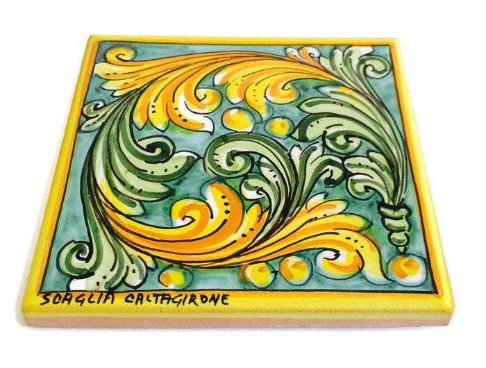 ceramic floral tile trivet coaster pottery by ItalianBespokeArt