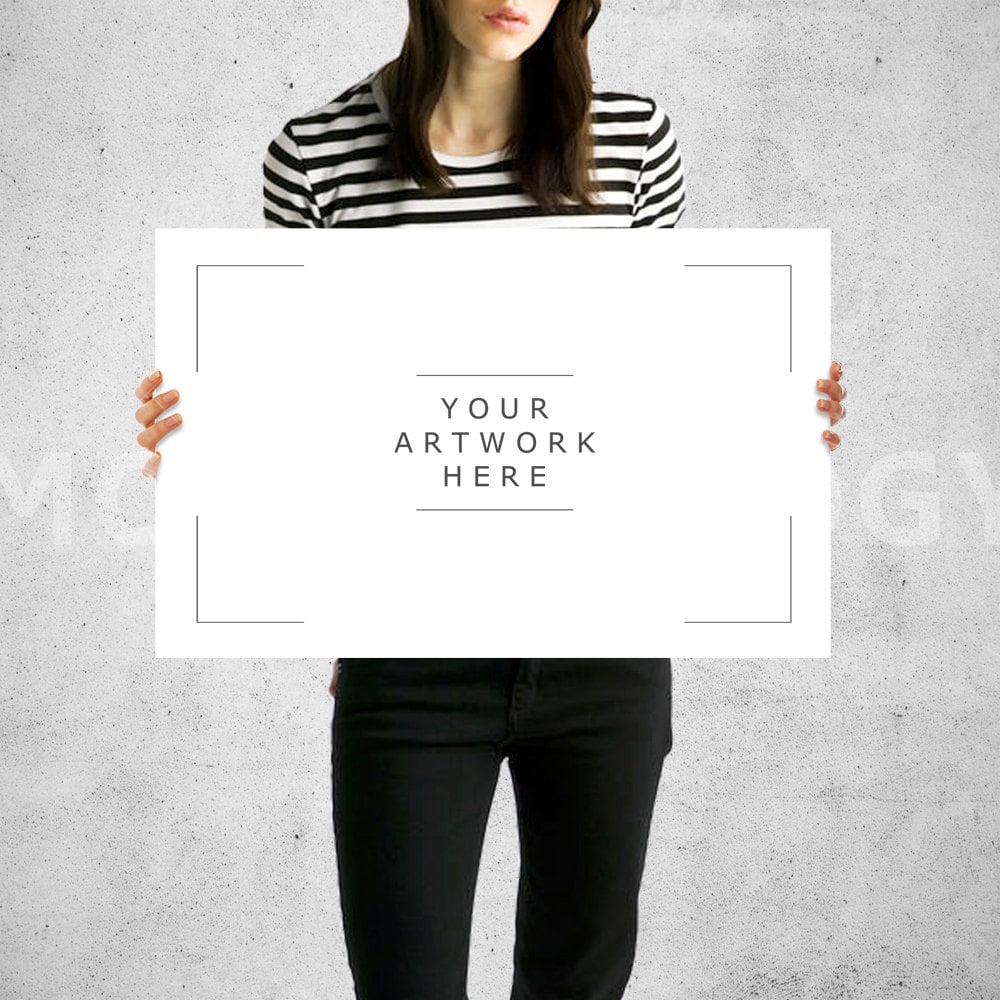 Download 11x17 Horizontal Paper Mockup Girl Holding Poster Mockup