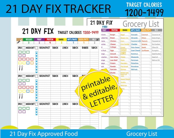 21 Day Fix Tracking Sheet, Printable 21 Day Fix Meal Planner, Beachbody ...