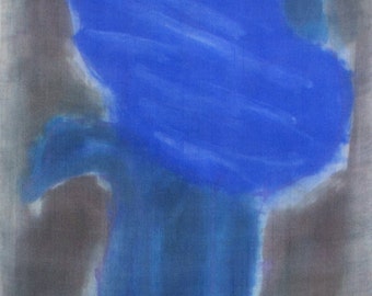 Blue grey scarf handpainted. Silk hand painted scarf with cobalt flower. Painted silk scarf blue. Abstract scarf. Painting on silk by Dimo