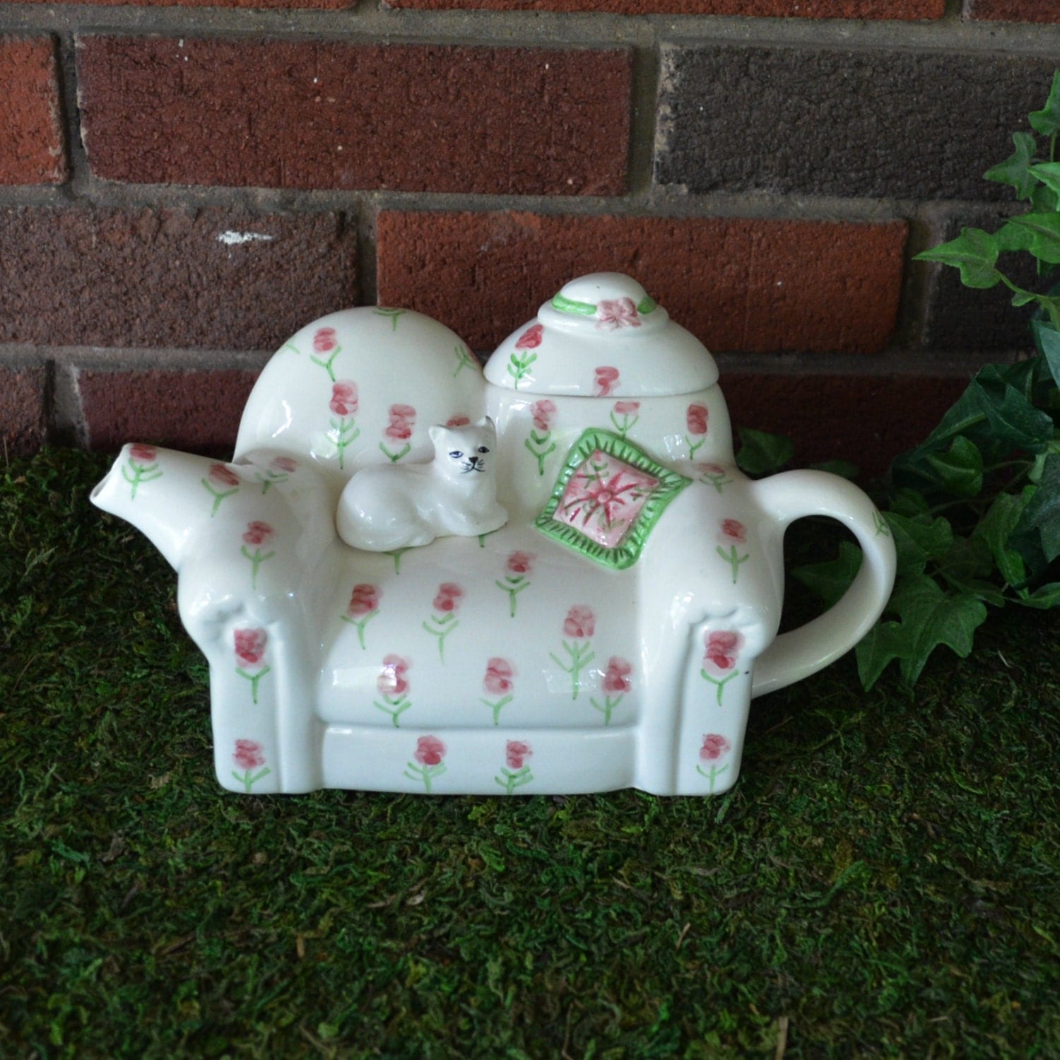 Vintage Porcelain Cat on Sofa Teapot Cat and
