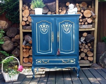 SOLD ~~~Stunning Carved French Shabby Chic Sideboard Cupboard Cabinet in Annie Sloan Aubusson Blue Hand Painted Furniture