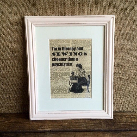 Sewing Theme Funny Humour Quotes // White Painted Framed Dictionary Art Prints // Framed Digital Print // Sewing Craft Hobby Pictures
