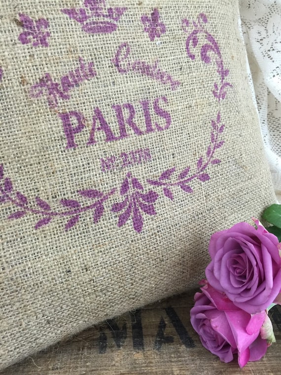 Rustic Burlap PARIS French style Cushion // Hessian Jute Cushion // Hand Stenciled Cushion // Printed Fabric Cushion // French Farmhouse