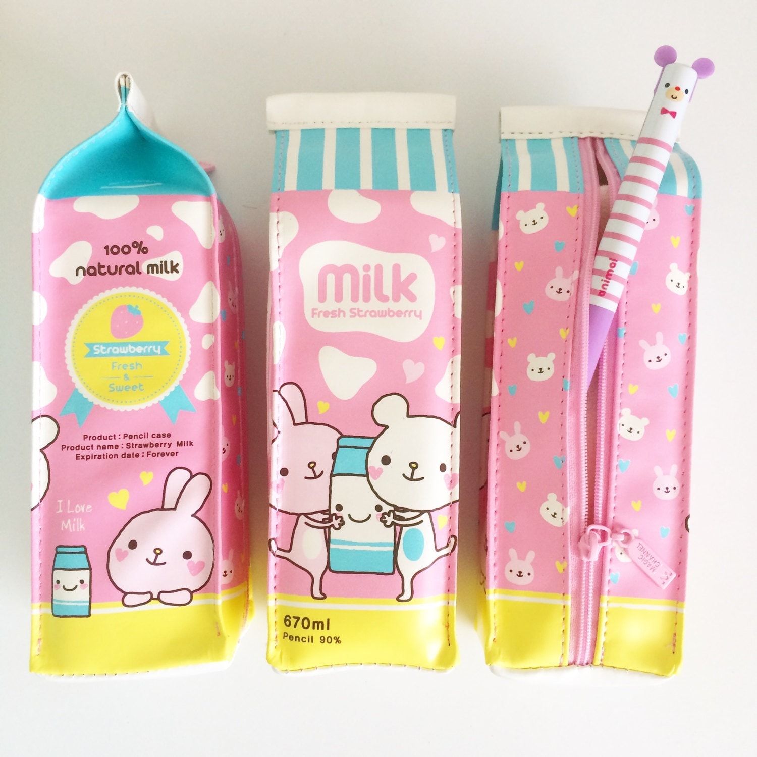 Kawaii Pastel Strawberry Milk Carton Zipper Pencil Case. One