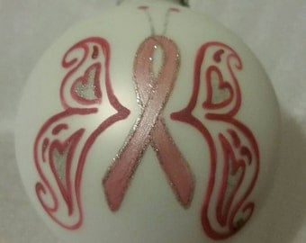 Breast Cancer Ornament, Keepsake Ornament, Awareness Ornament, Hand Painted Ornament, Cancer Ornament, Pink Ribbon Ornament, Butterfly Ornam