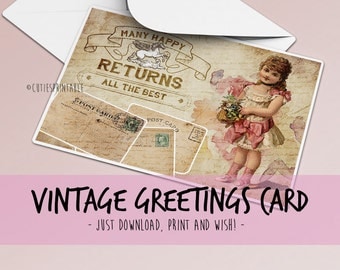 Greetings Card, Vintage Printable Cards, Thank you Cards - INSTANT DOWNLOAD / Best for paper craft, scrapbooking