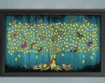 Teal Tree of Life Giclee Print Wall Art (WORLDWIDE SENT in TUBE) Gold (Rolled) Modern Canvas.Blue/Green.Birds Butterflies & Bees Extra Large