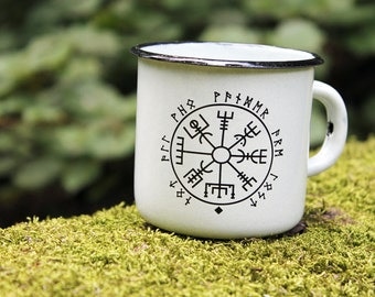 White Enamel Mug Cup * Viking Compass Print Design * Enamel Cup Mug * Camping Mug * Travel Mug * Icelandic Compass symbol viking Vegvisir