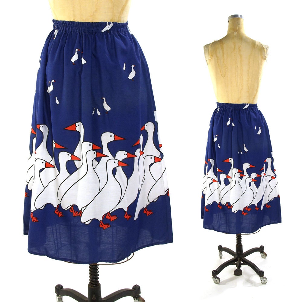 Goose Print ALine Skirt / Vintage 1970s Cotton Novelty Print