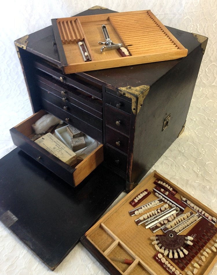 Antique Dentist Wood with Brass Fittings Filled with