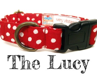 Red White Vintage Polka Dot Dog Collar - Organic Cotton - Antique Brass Hardware - "The Lucy"