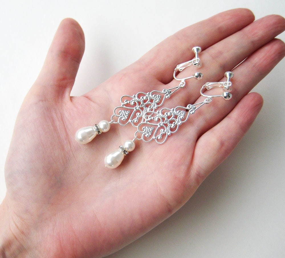 Silver Bridal Clipon Earrings Long Pearl Rhinestone Clipons