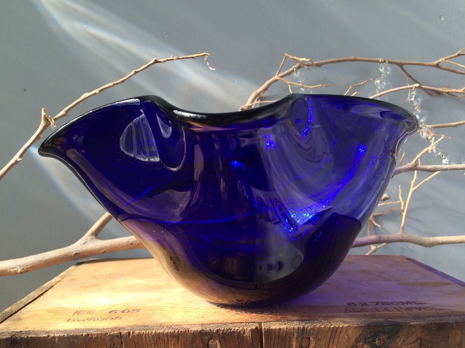 Vintage Glass Cobalt Blue Free Form Glass Bowl Handmade