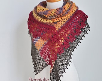 Lace crochet shawl, stole, Brown, Red, mustard, N351