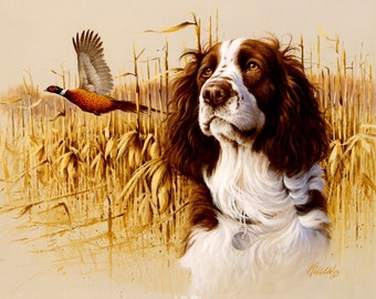 ENGLISH SPRINGER SPANIEL (Liver & White) with Pheasant on One 16 inch Fabric Panel to Sew. Actual picture is 8" x 11"on white background.