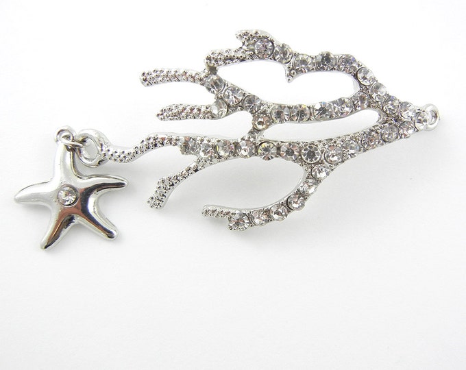 Double Link Silver-tone Rhinestone Coral and Starfish Pendant