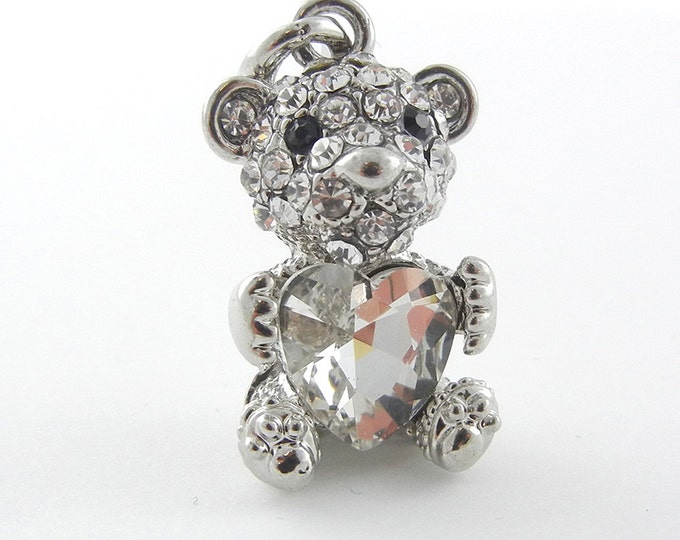 Silver-tone Rhinestone Teddy Bear with Heart Pendant