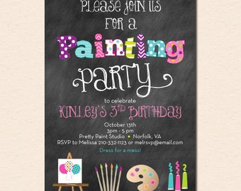 Painting Art Party Invitation - Chalkboard Style with Art Canvas, Brushes, Palette and Paints