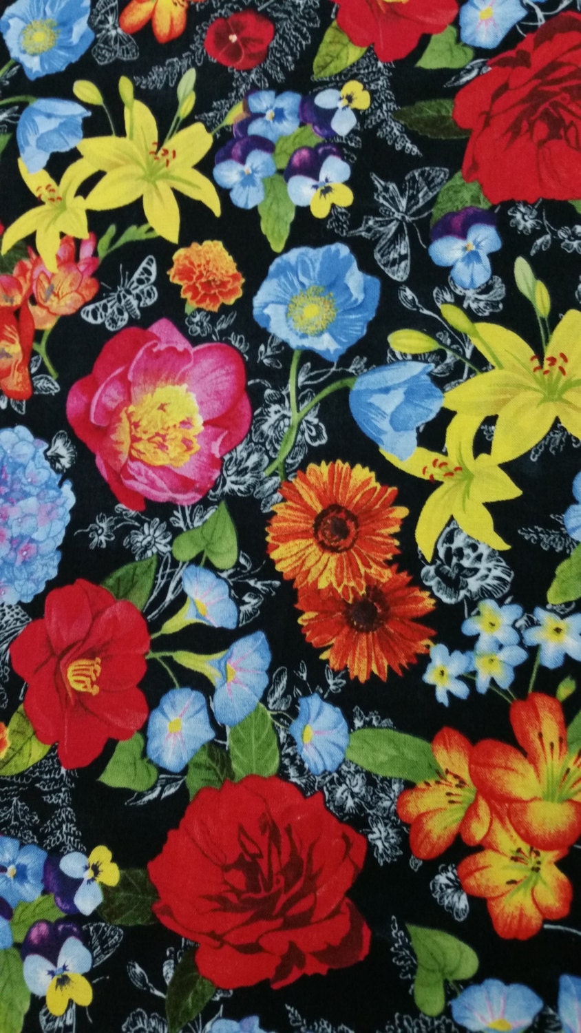 Cotton fabric CHALKBOARD GARDEN Bright Floral Greenery on