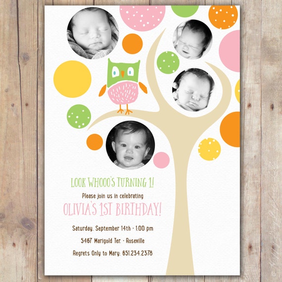Owl Growing Up Tree - Custom DIGITAL Photo Birthday Invitation Invite for any Age Girl or Boy Il_570xn