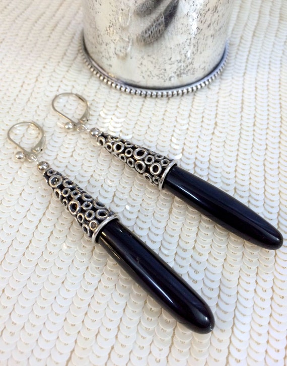 Black Drop Earrings Long Black Dangle Earrings By Doolittlejewelry 1424