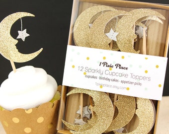 Love you to the moon and back Glitter Cupcake Toppers - Set of 12