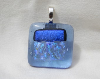Dichroic Fused Glass Pendant-Transparent Light Blue hilighted with Several Blues#0193