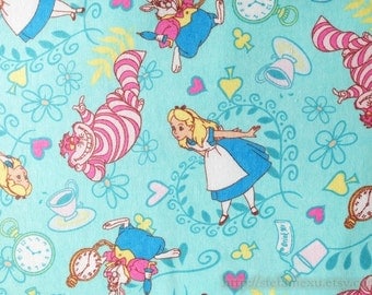 Fairy Tale, Alice Girl Cat Cats Mr. Rabbit Heart Floral Afternoon Tea Wonderland On Mint - Brushed Cotton Fabric (1/2 Yard)