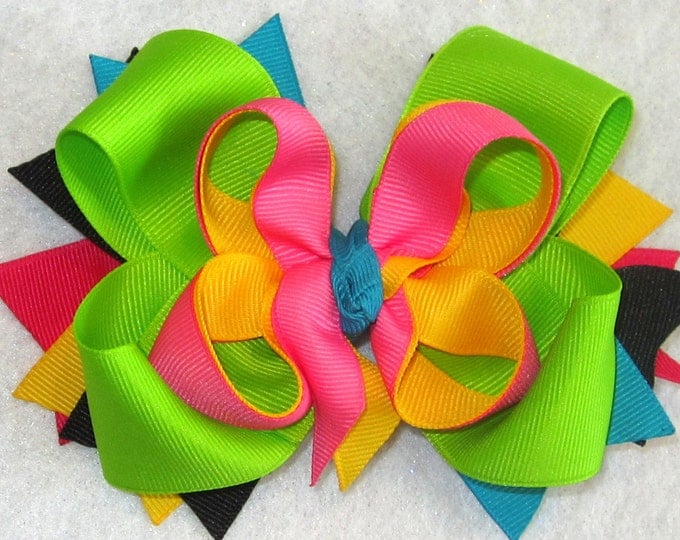 Boutique Hair Bow, Neon Hairbow, Girls Hair Bows, 5 Inch Bow, Baby Bows, Toddler Bow, Rainbow Hairbow, Girls Funky Bow, Stacked Bow, Layered