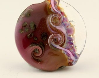 Lampwork Bead, Glass Lentil Focal, SRA Pink Purple Iridescent 'Flamingo'
